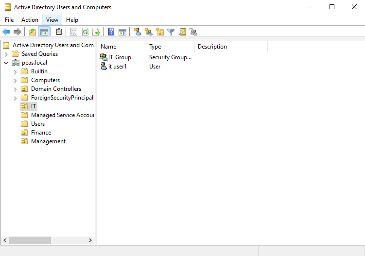 Active Directory Users and Computers showing OUs, group and user