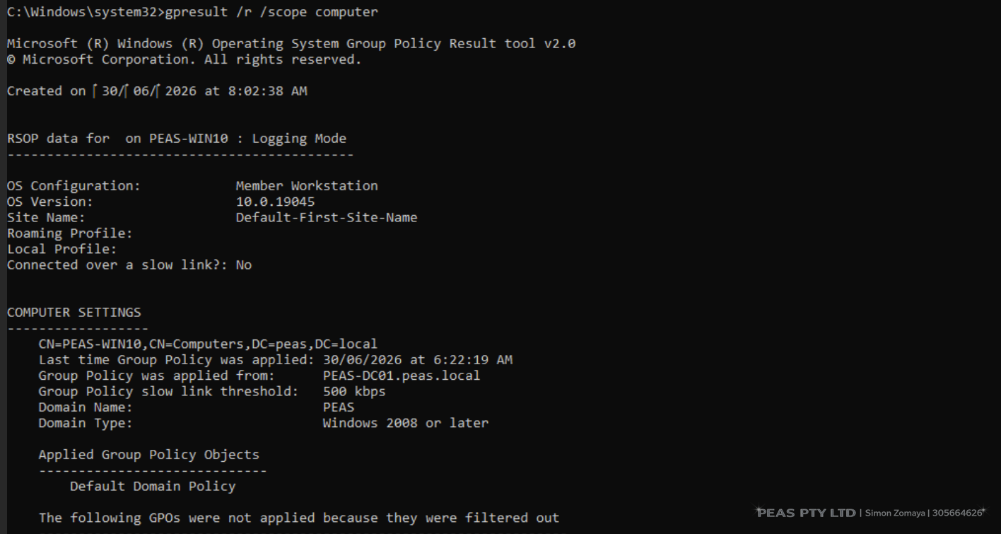 Group Policy result showing Default Domain Policy applied